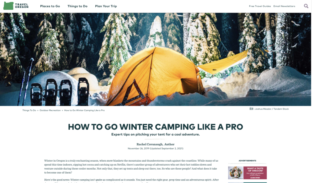 A winter camping scene is depicted in a photo at the Travel Oregon website.